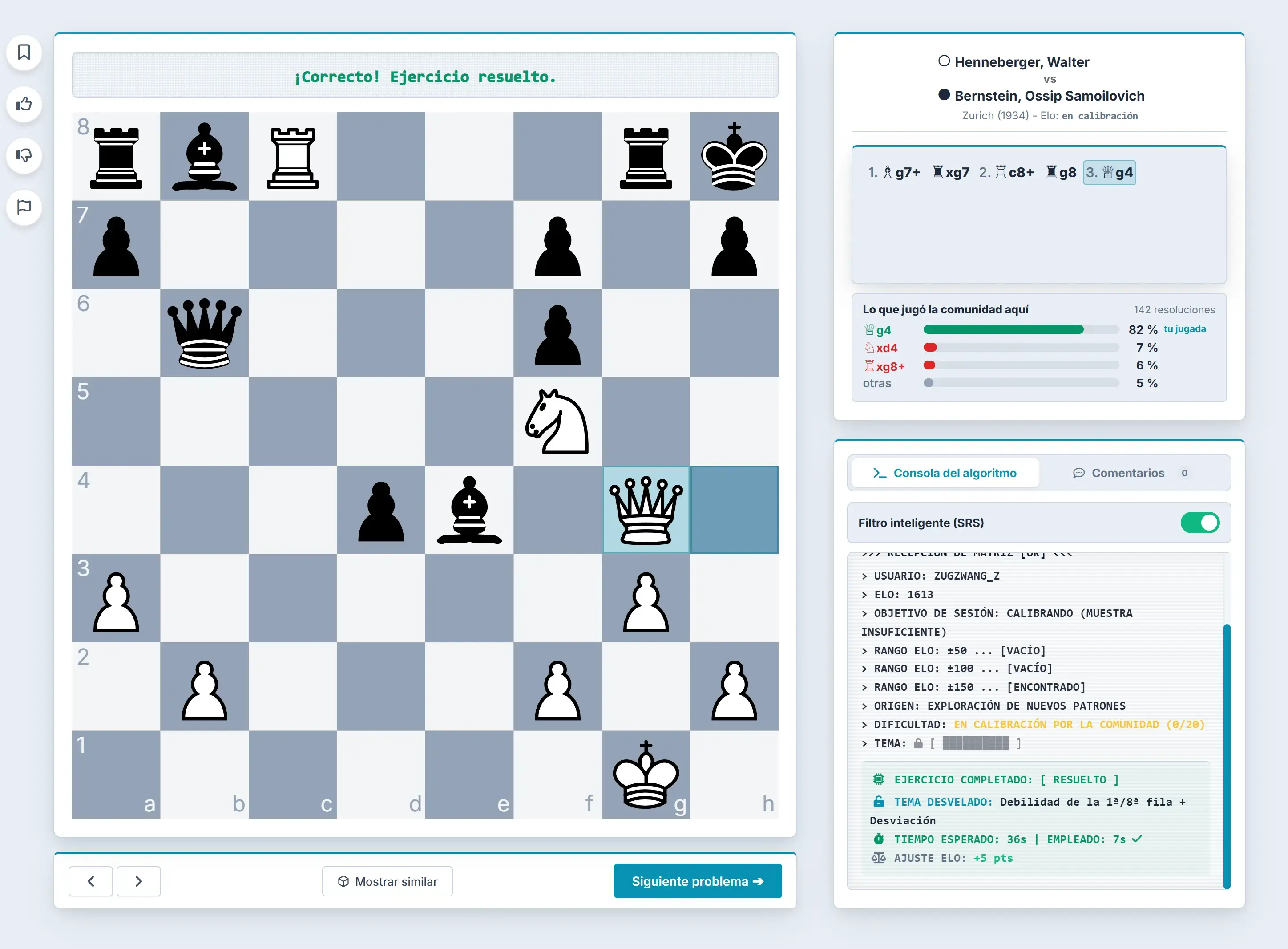 Pantalla de entrenamiento de Chess Tactics Lab